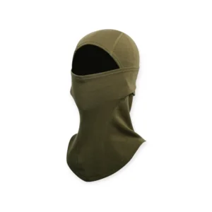Olive green wool balaclava providing full face and neck coverage with lightweight, breathable Merino wool for winter outdoor protection