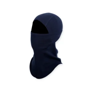 Navy Merino wool thermal balaclava providing full-face coverage and breathable warmth for skiing, hiking, and cold-weather protection