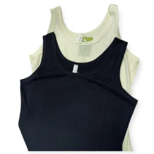 Sleeveless jersey top in black and beige, lightweight and breathable for layering, yoga, or summer wear