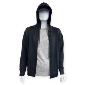 Black Merino wool hoodie for men with full front zip and drawstring hood, offering lightweight warmth and breathable comfort for everyday wear