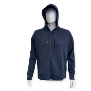 Navy Merino Zip Hoodie for men with front zipper and drawstring hood, made from soft Merino wool for everyday and outdoor wear