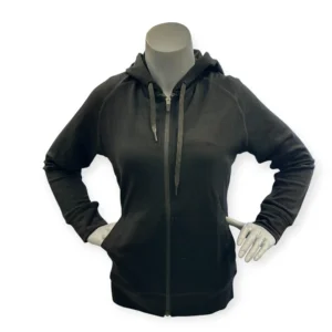 Black merino wool zip hoodie women's with front zipper and drawstring hood, designed for breathable comfort and natural warmth